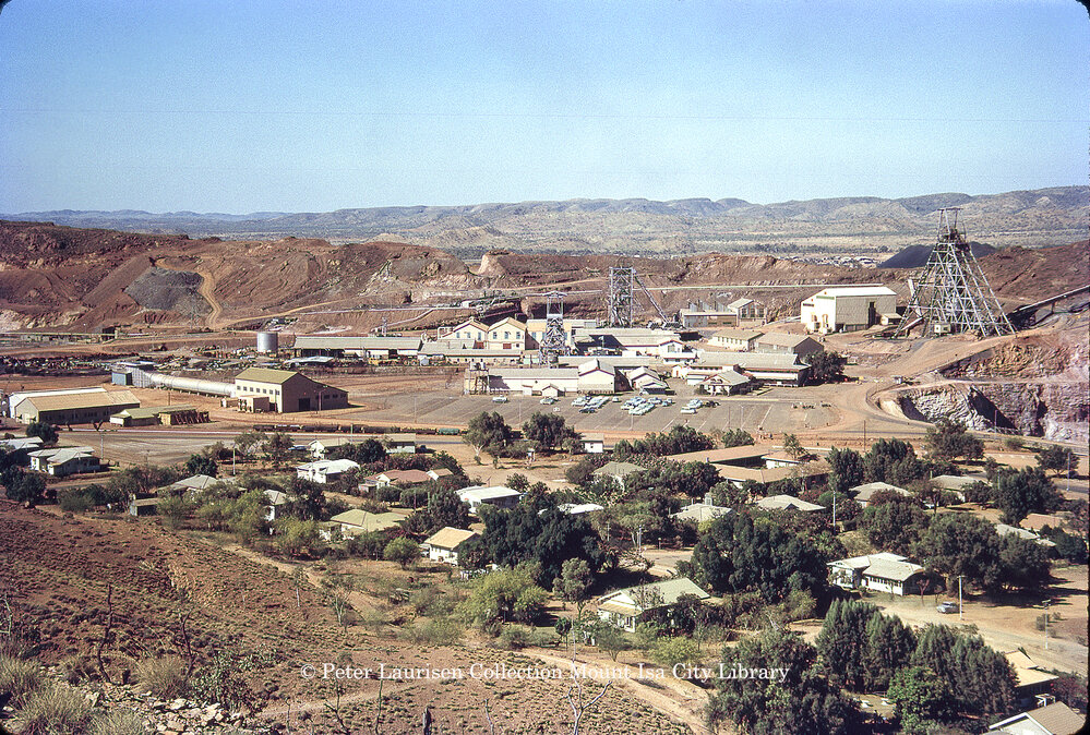 No 2 ore shaft, man and supply area and K57, R62 sinking headframes, Mount Isa Mines, April 1962