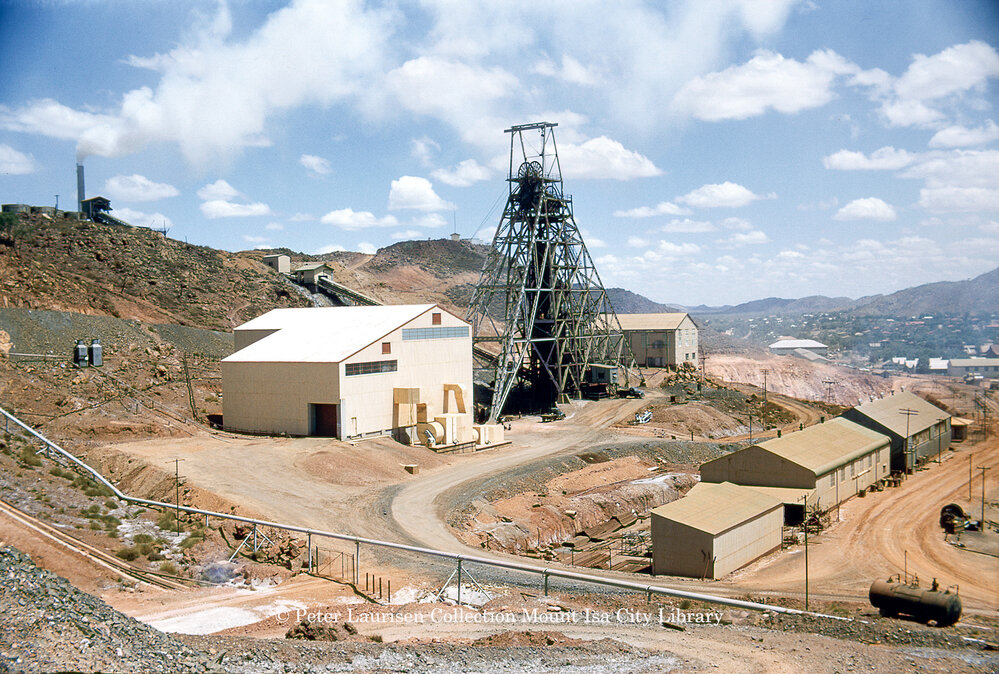No 2 Ore Shaft Headframe and winder houses, Mount Isa Mines, c.1959