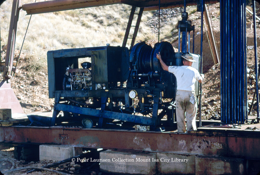 Surface diamond drilling rig, Mount Isa Mines, c.1956