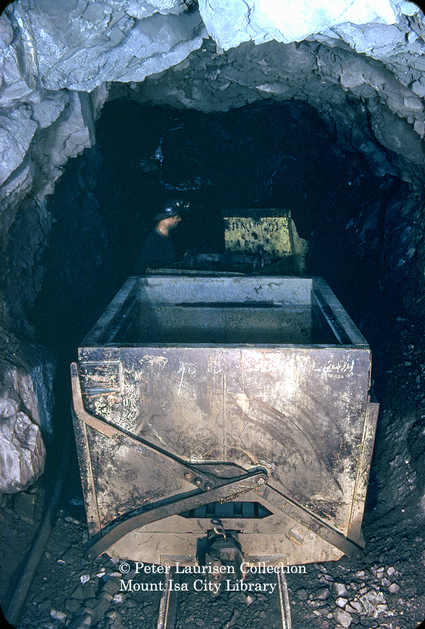 Underground gable type ore car, Mount Isa Mines, July 1956
