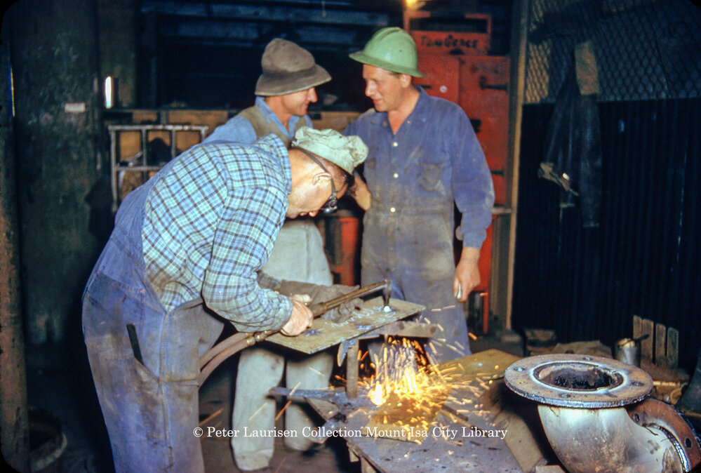 Oxy acetylene cutting at Workshop, Mount Isa Mines, July 1956