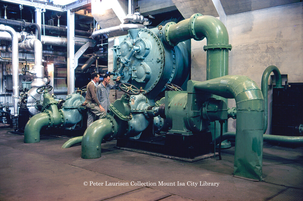 Condenser with steam and electric cooling water pumps at Mines Power Station, Mount Isa Mines, July 1956