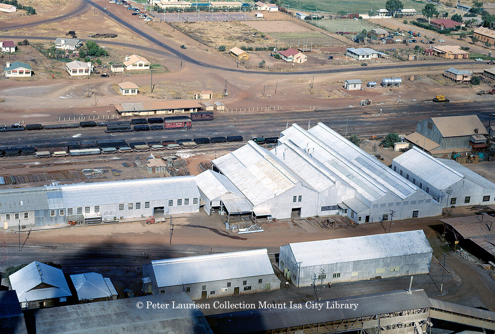 Workshops, warehouse, and Railway Station, Mount Isa Mines, September 1953