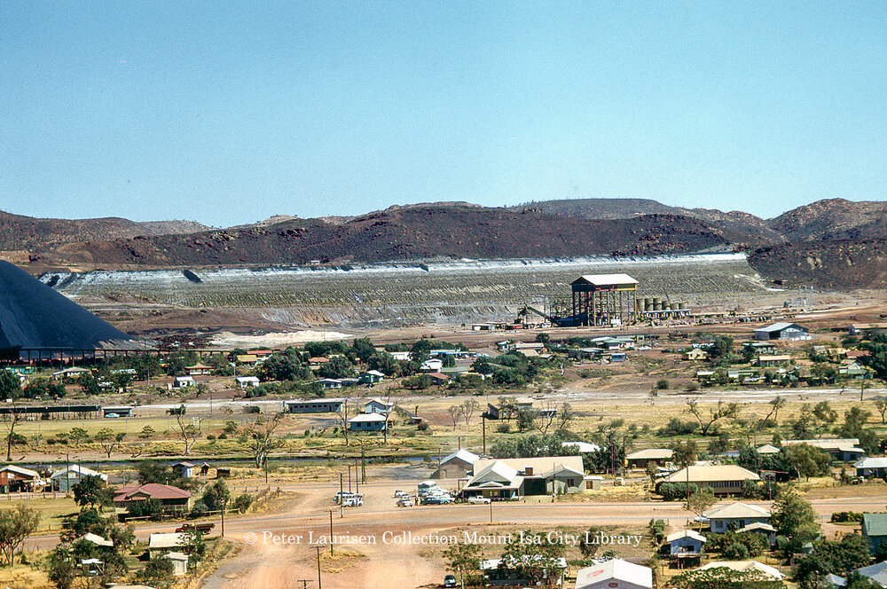 Old No 1 tailings dam and new trackhopper, Mount Isa Mines, April 1962