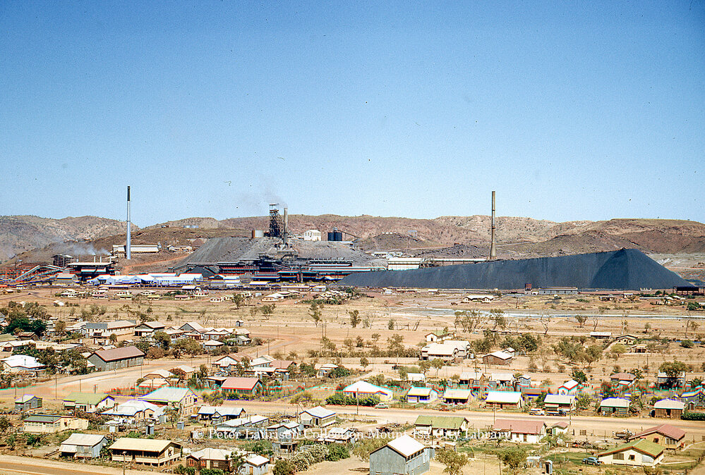Mount Isa township and smelter stacks, c.1952