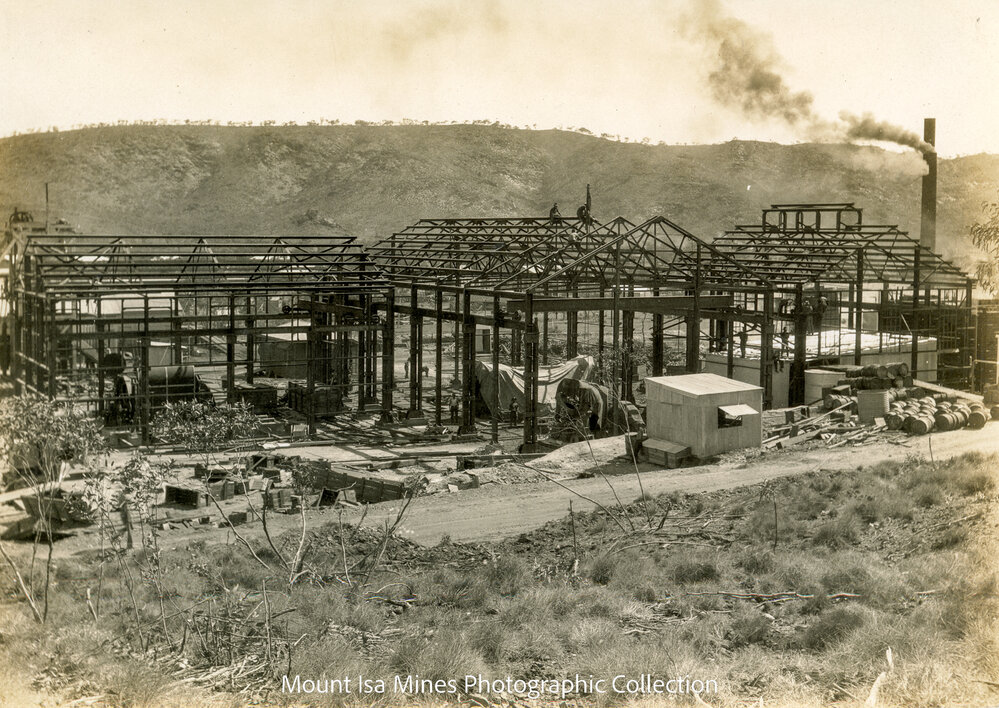 Man and Supply Hoist House, Compressor House, and Diesel Engine House under construction, Mount Isa Mines, September 1930