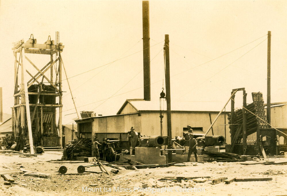 Man and Supply shaft winder under construction, Mount Isa Mines, March 1930