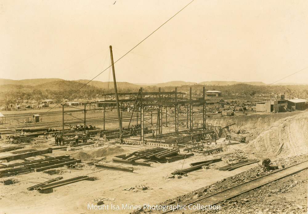Smelter under construction Blast Furnace floor, Mount Isa Mines, March 1930