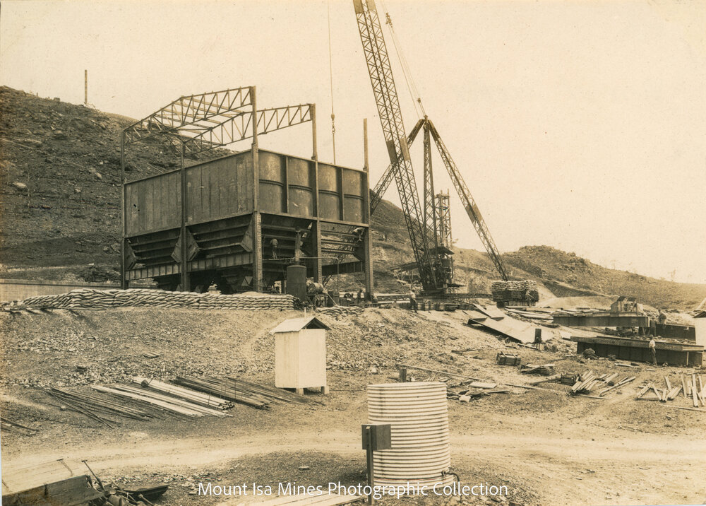 Charge bins under construction, Mount Isa Mines, January 1930