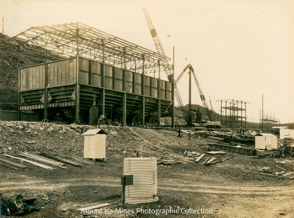 Charge Bins and Dwight and Lloyd Plant under construction, Mount Isa Mines, February 1930