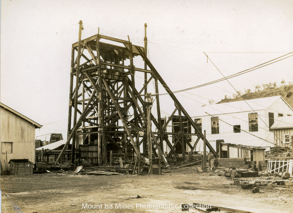 Man and Supply Headframe and Hoist House under construction, Mount Isa Mines, November 1930