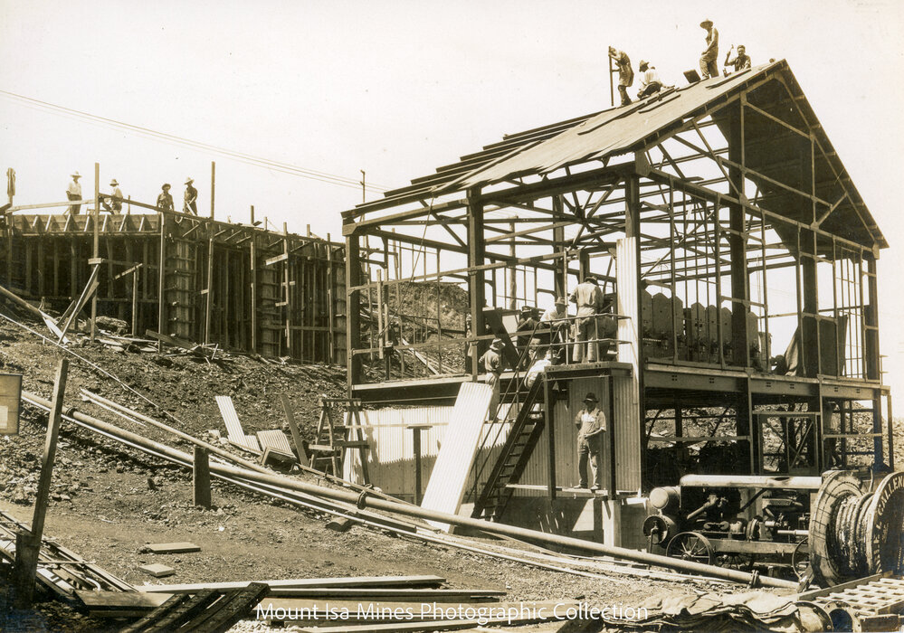 Mill Substation and Return Watertank under construction, Mount Isa Mines, October 1930