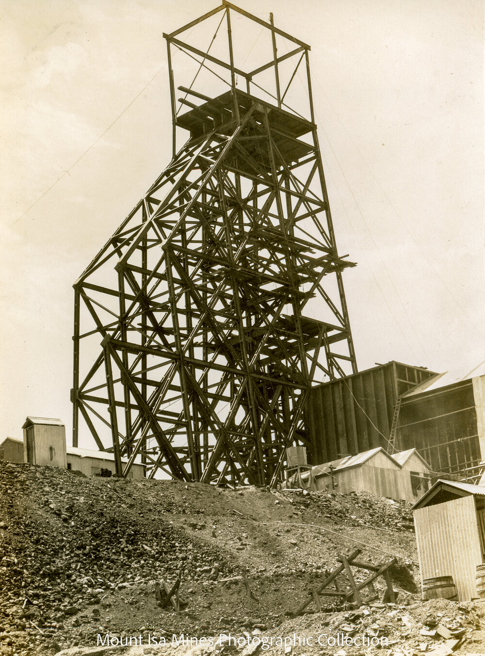 Urquhart Shaft Headframe under construction, Mount Isa Mines, December 1930