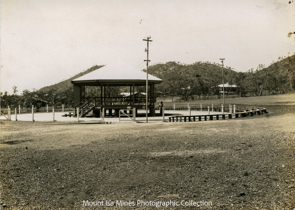 Bandstand with concrete dancing and skating circle, Mineside, December 1930