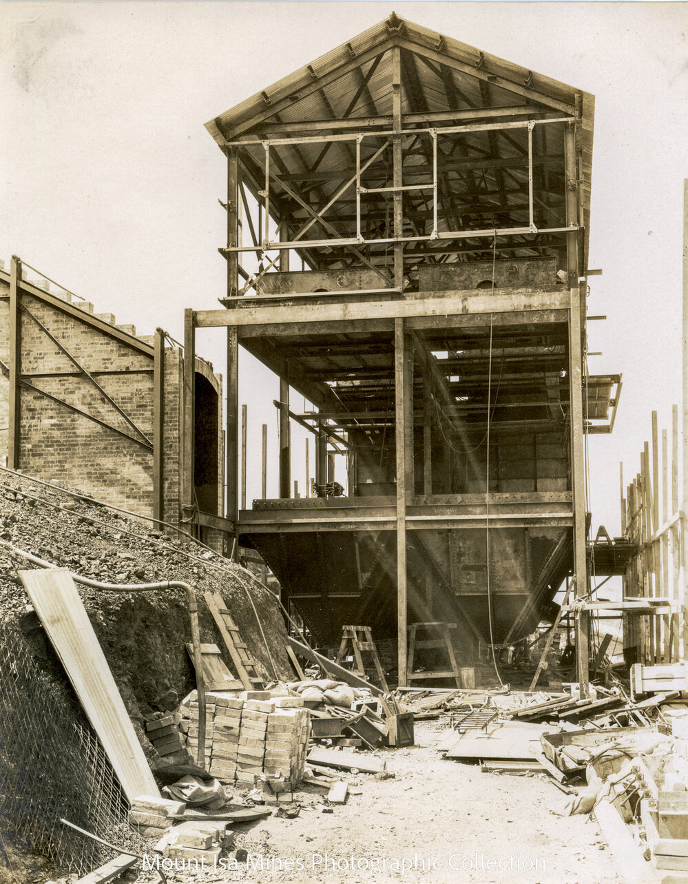Cottrell Plant and No 2 Flue to Stack under construction, Mount Isa Mines, December 1930