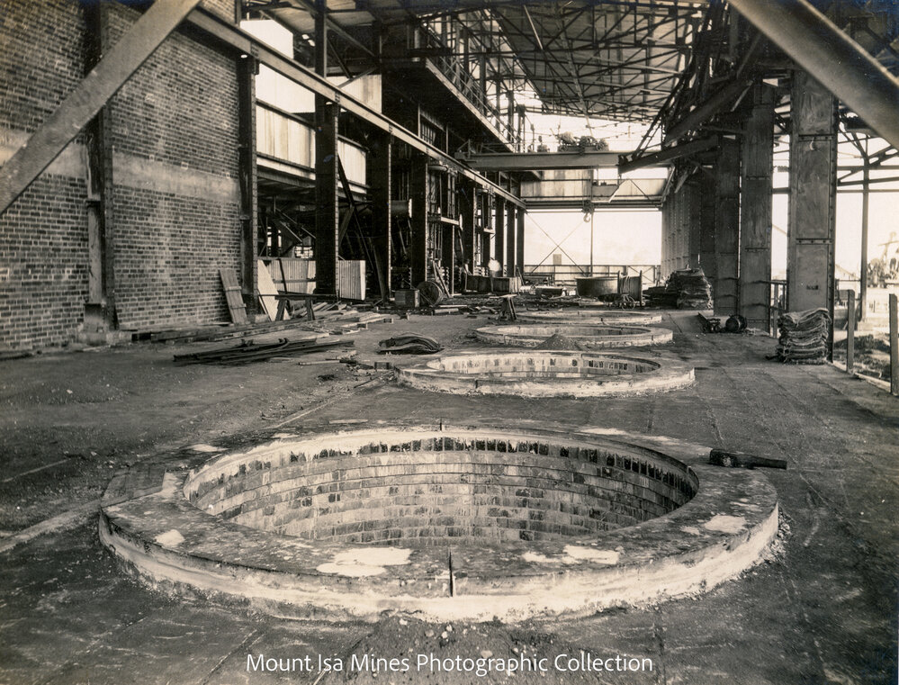 Drossing Plant floor blast furnaces in background, Mount Isa Mines, December 1930