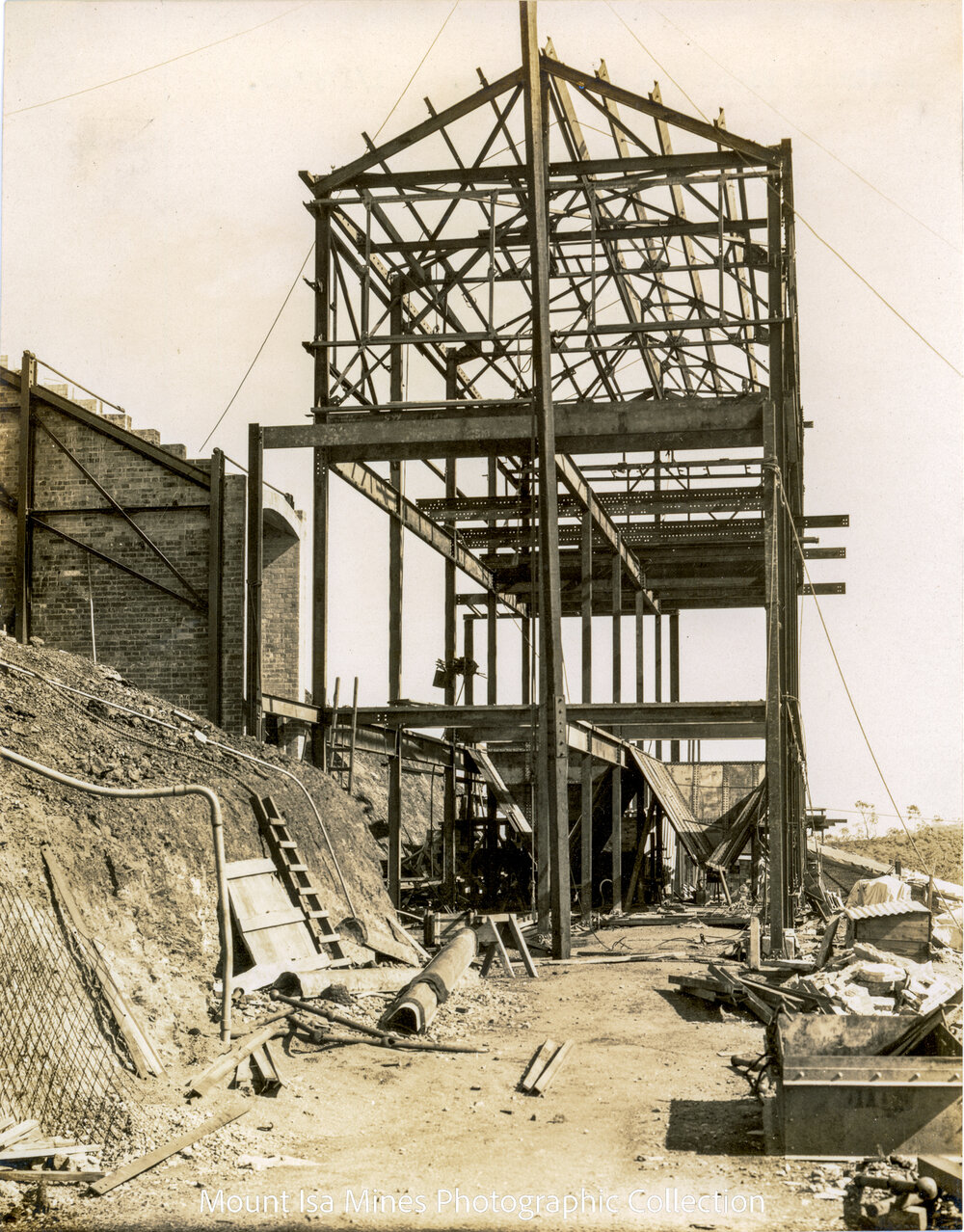Cottrell Plant and No 2 Flue to Stack under construction, Mount Isa Mines, December 1930
