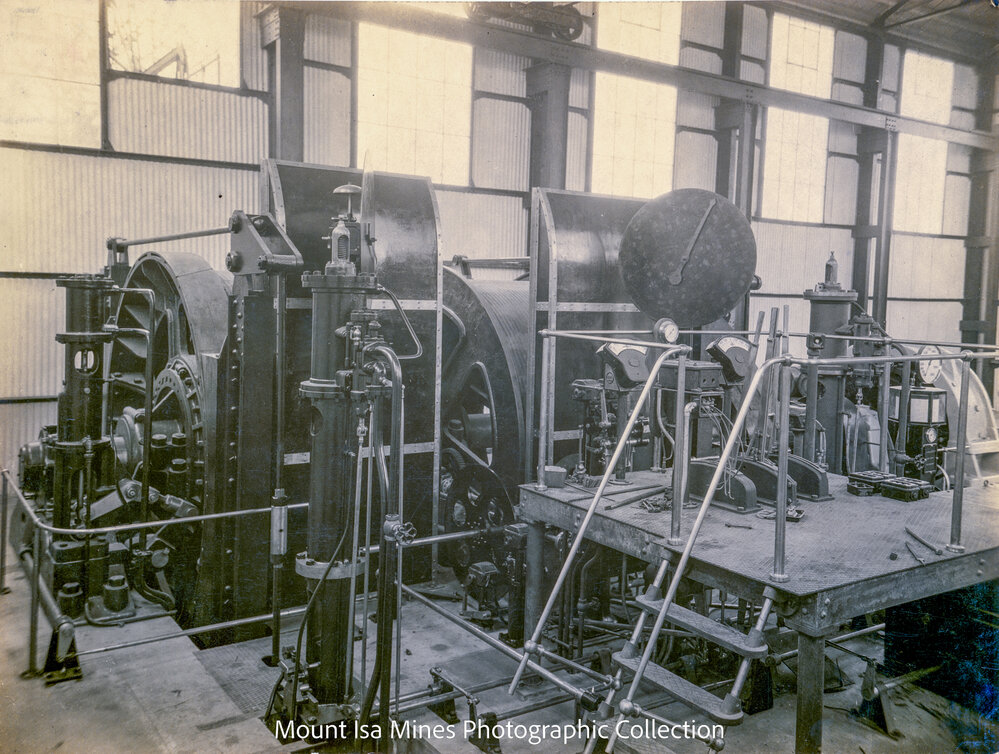Fraser and Chalmers double drum winder for ore shaft, Mount Isa Mines, January 1931