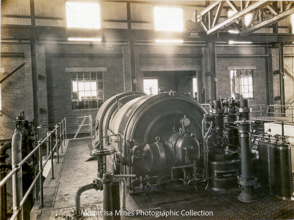 Mines Power Station turbine looking toward switchroom, Mount Isa Mines, January 1931