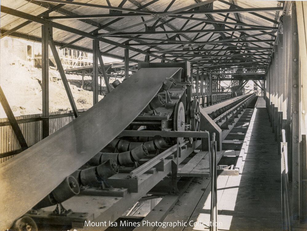 View showing Travelling Throw Off on No 3 Smelter Conveyor over Storage Bins, December 1930