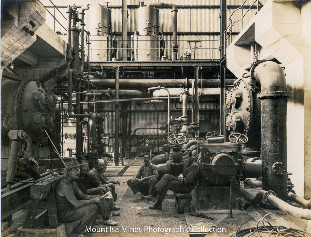 Basement power house between turbo alternator sets, Mines Power Station, August 1930
