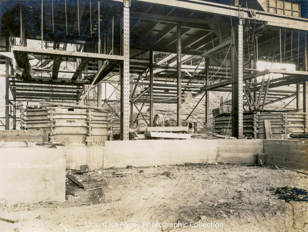 Blast furnace crucible during erection, Mount Isa Mines, October 1930