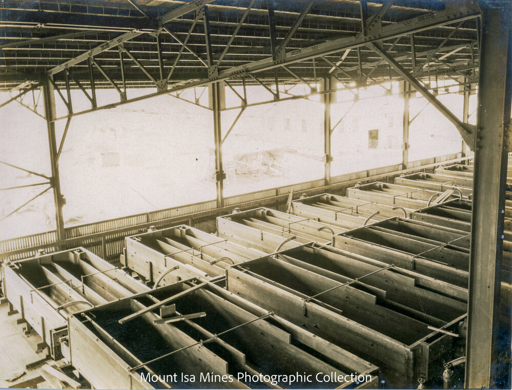 Mill flotation section, callow MacIntosh cells under construction, Mount Isa Mines, October 1930