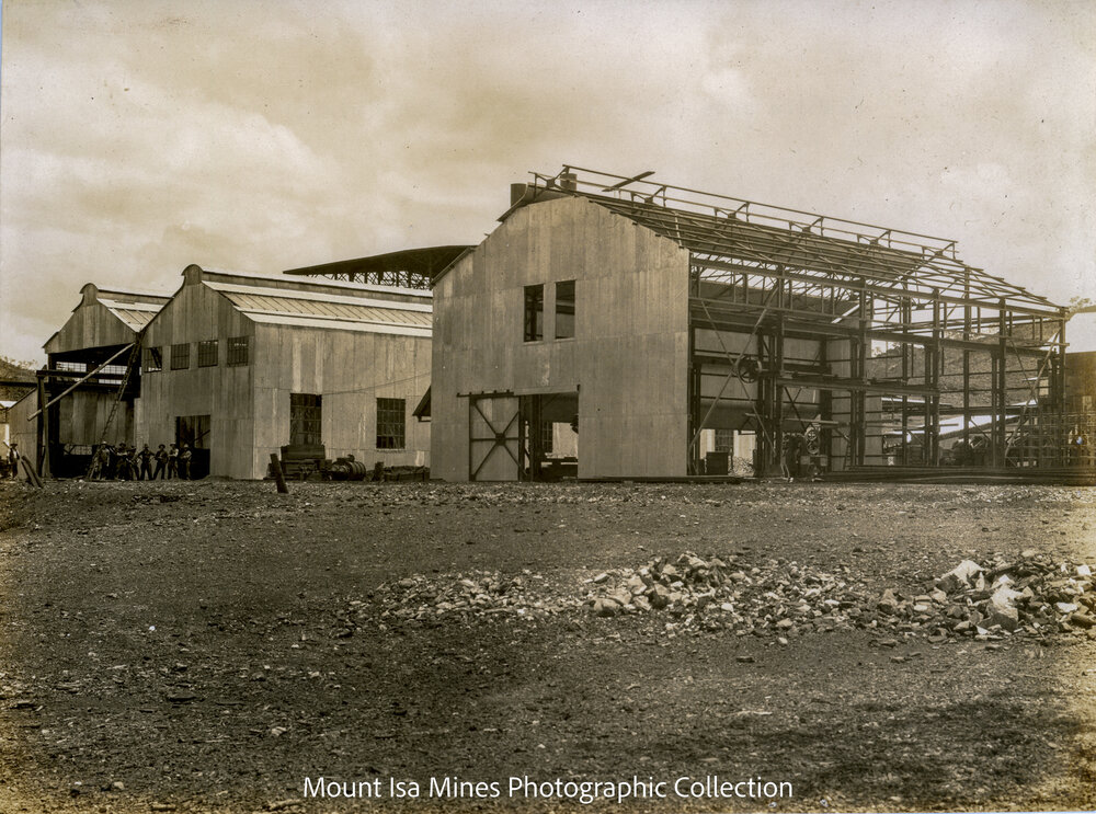 Machine Shop and Boiler Shop under construction, Mount Isa Mines, September 1930