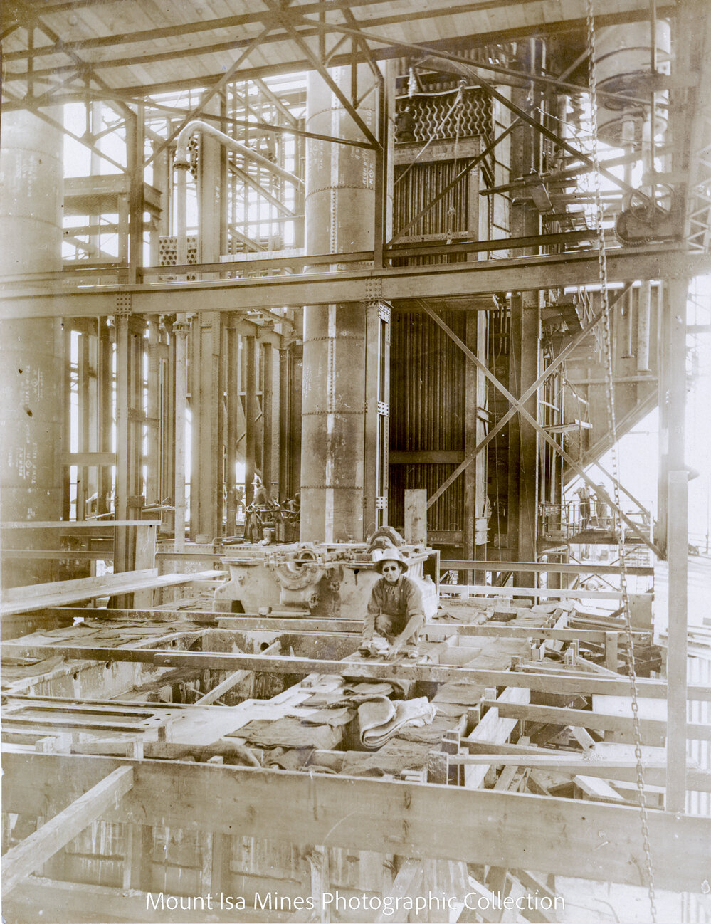 Mines Power Station turbo alternator bedplate in position, Mount Isa Mines, March 1930