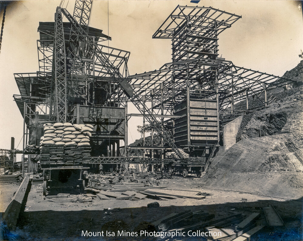 Smelter Storage Bins and Filter Plant under construction, Mount Isa Mines, July 1930