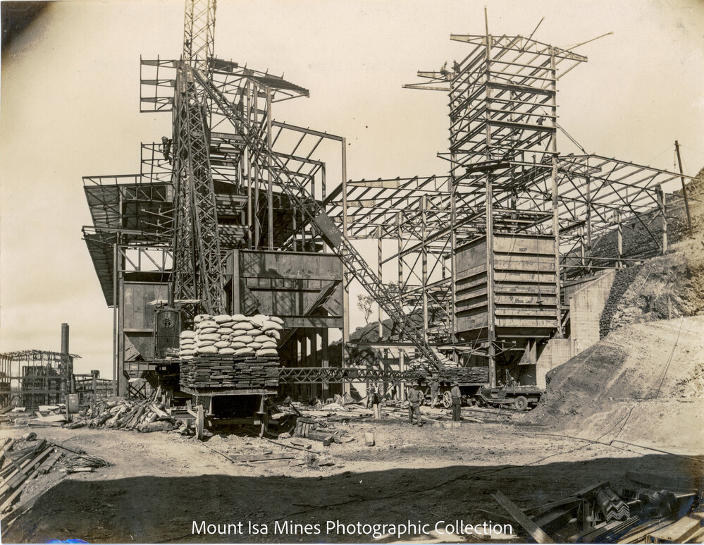 Smelter storage bins and Filter Plant under construction, Mount Isa Mines, June 1930