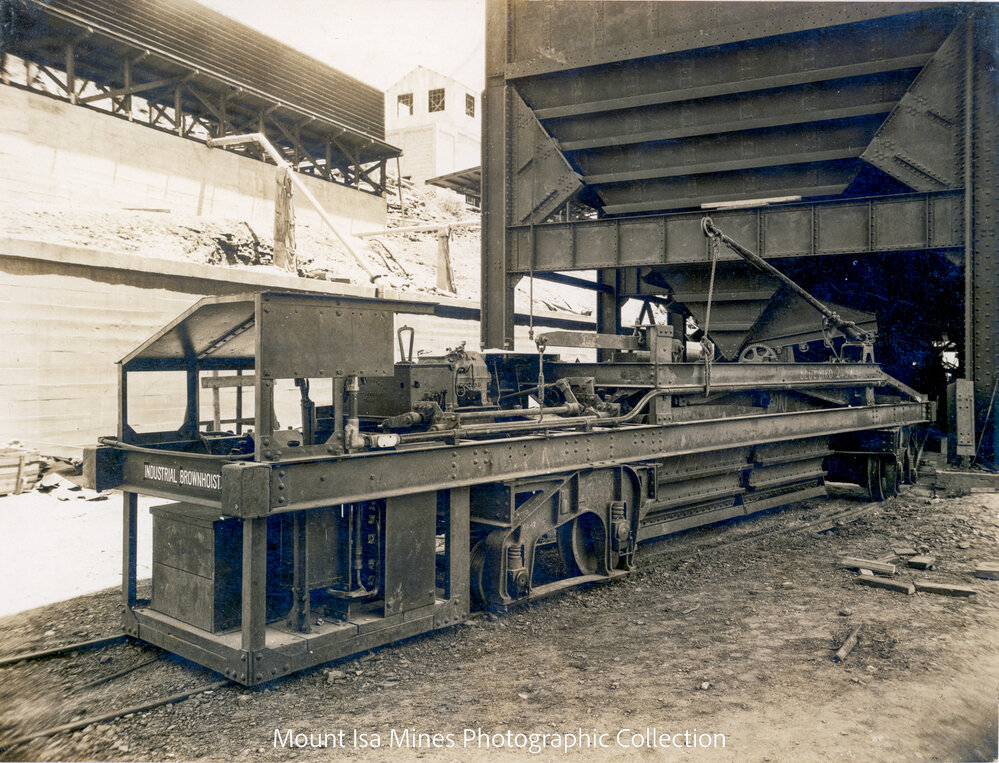 Brownhoist charge car under the smelter storage bins, Mount Isa Mines, February 1931