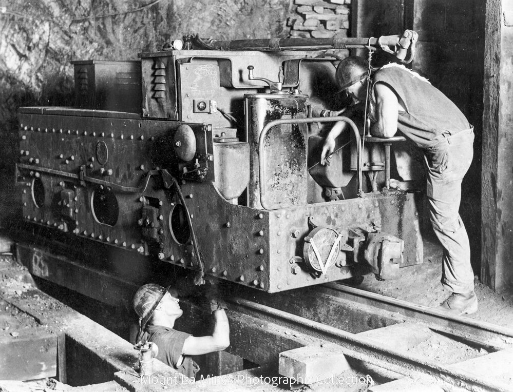 Trolley locomotive undergoing repairs, Mount Isa Mines, c.1935 