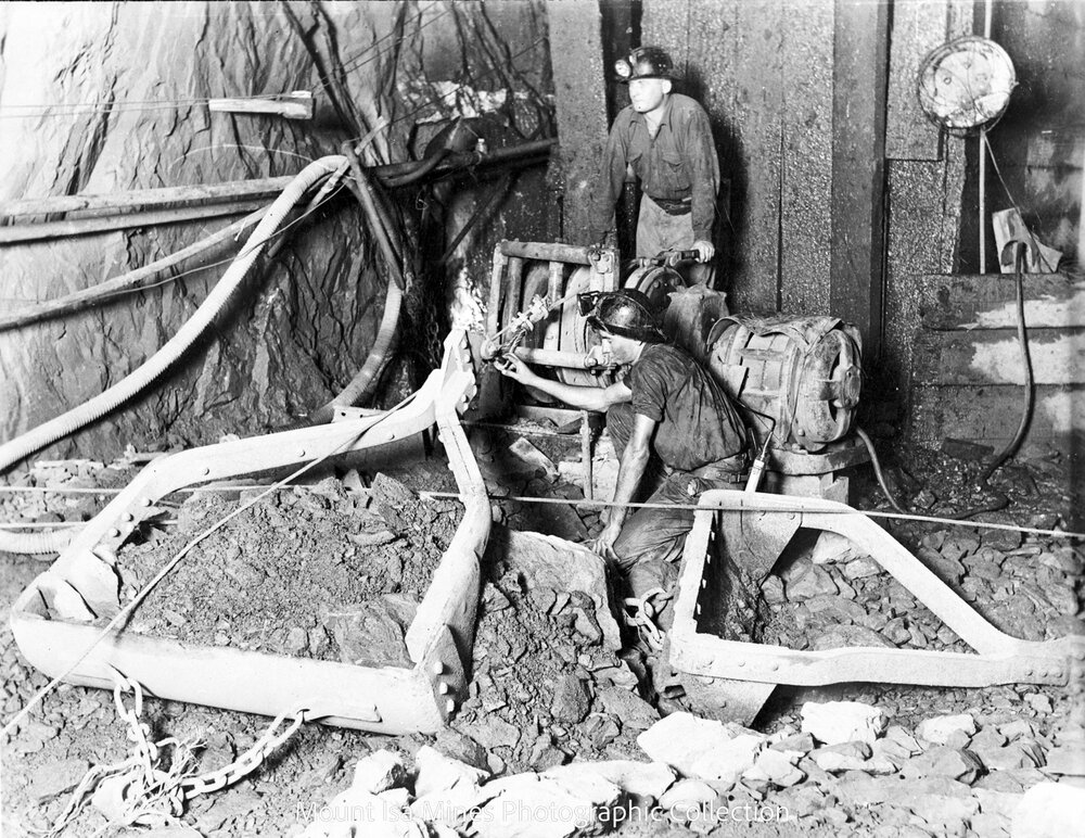 Scraper slusher arrangement Black Star underground, Mount Isa Mines, c.1939