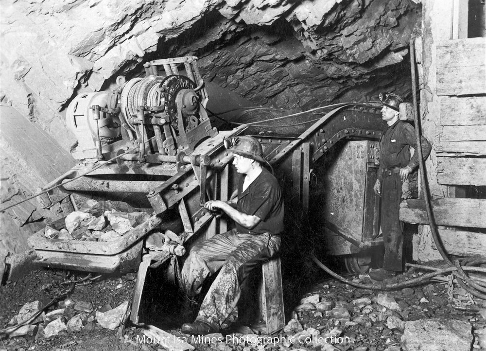 Scraper loader on 8 Level Black Star underground, Mount Isa Mines, c.1939 