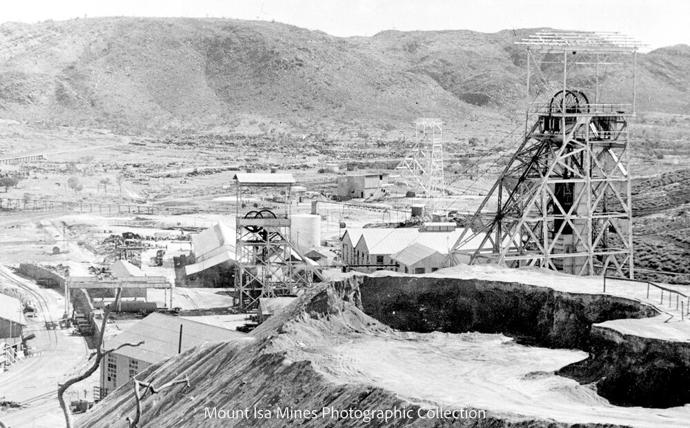 No.2 Ore Shaft and Davidson Shaft Headframes at Man and Supply area, Mount Isa Mines, c.1951