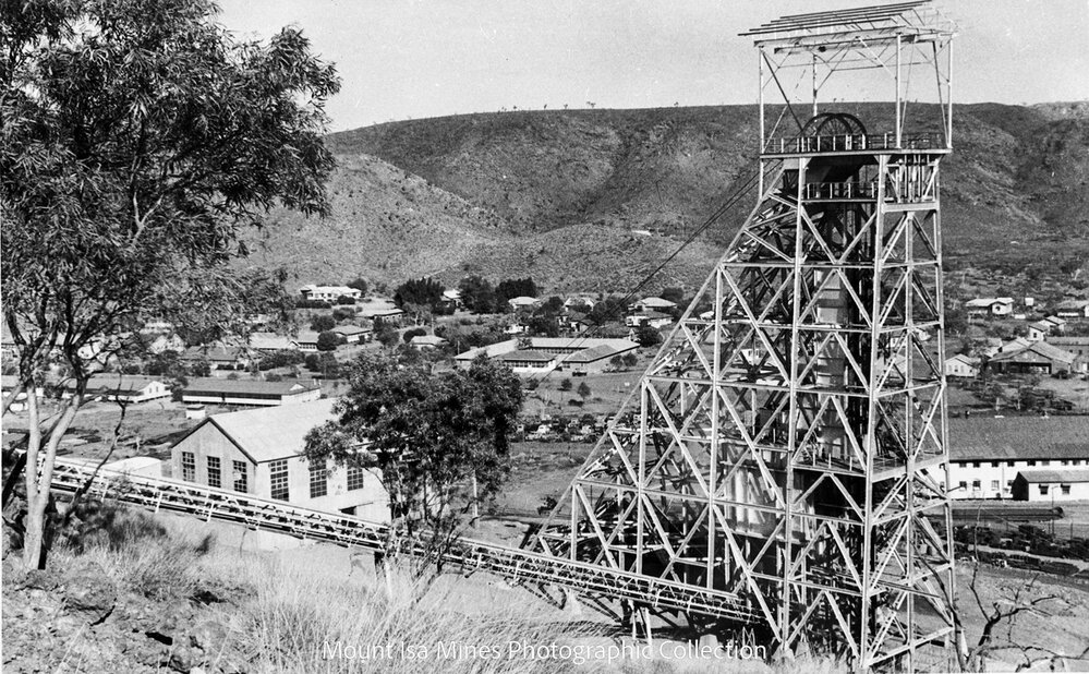 No 2 Ore Shaft Headframe, Winder House and M1 conveyor, Mount Isa Mines, c.1952
