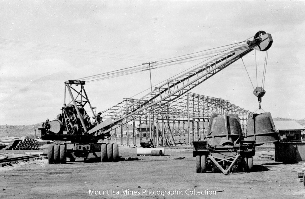 Osgood 25T Crane at new garage, Mount Isa Mines, c.1953