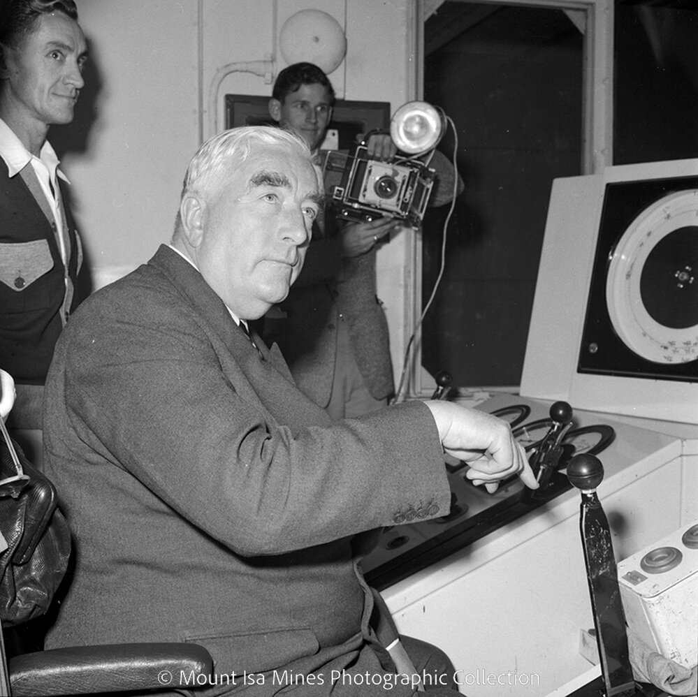 Sir Robert Menzies visit No 2 Ore Shaft, Mount Isa Mines, June 1958