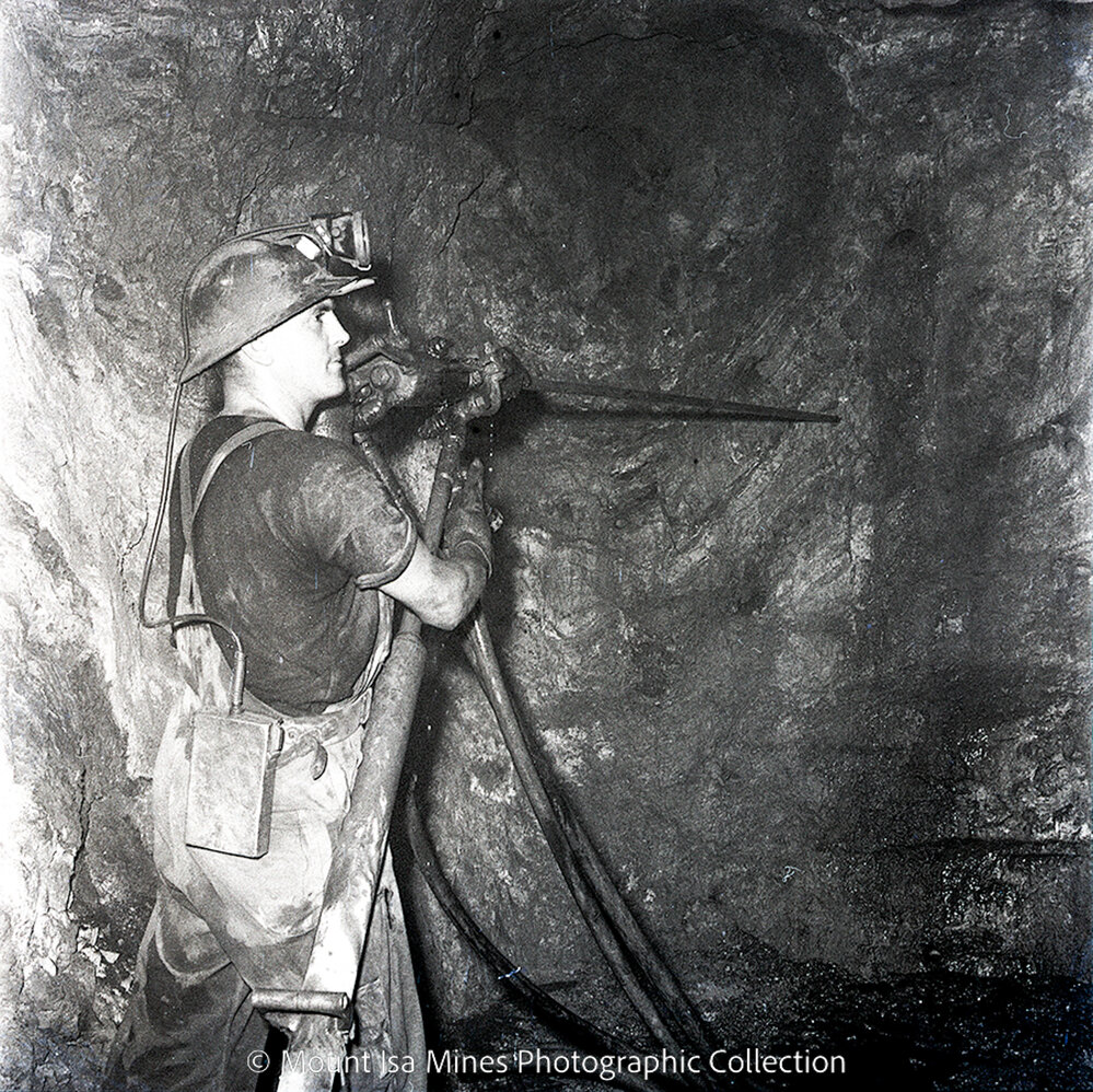 Driller working underground, Mount Isa Mines, August 1958