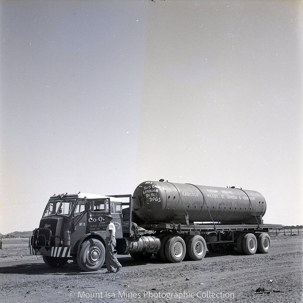 Transportation of 33 ton steam drum for Mica Creek Power Station, September 1958