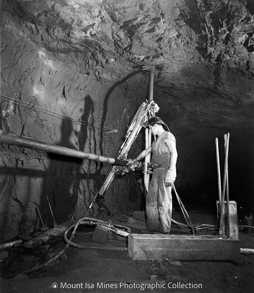 Arm and bar drilling at Lead mine, Mount Isa Mines, June 1958