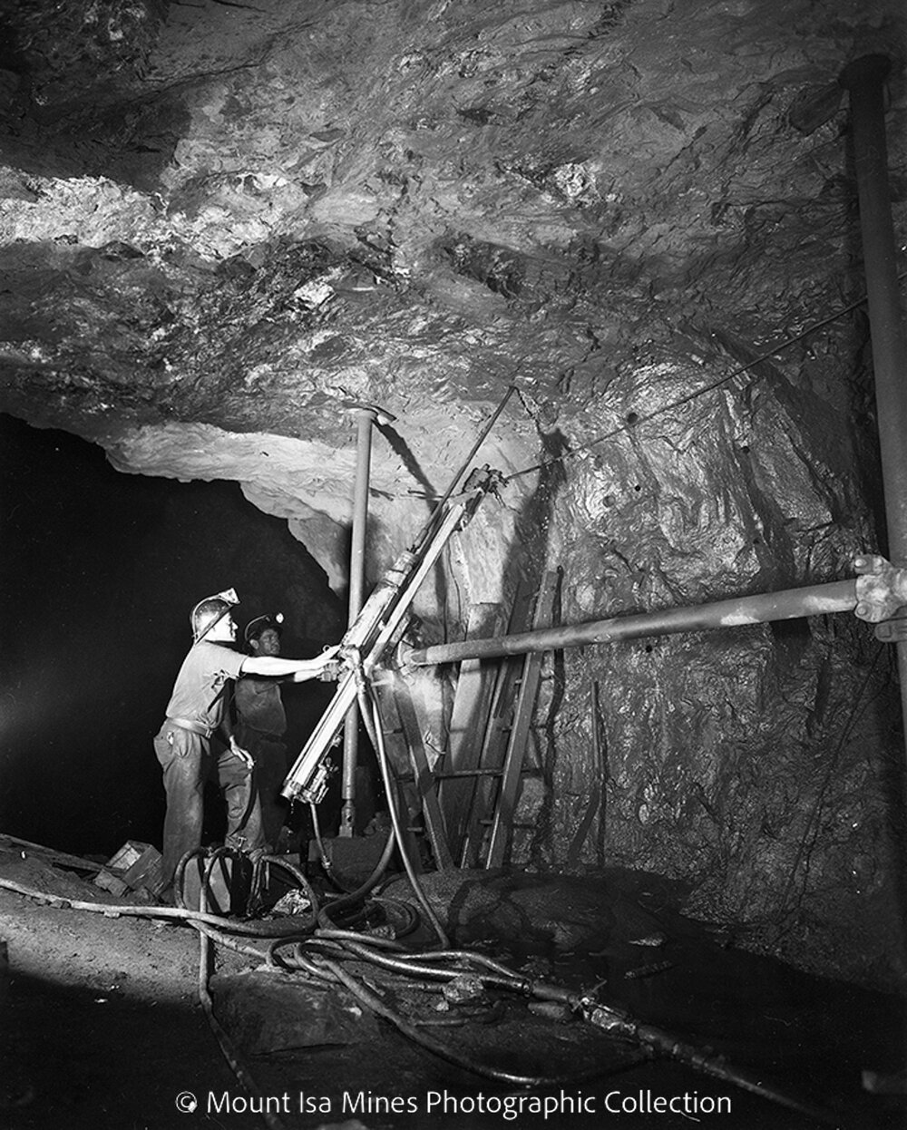 Arm and bar drilling at Lead mine, Mount Isa Mines, June 1958