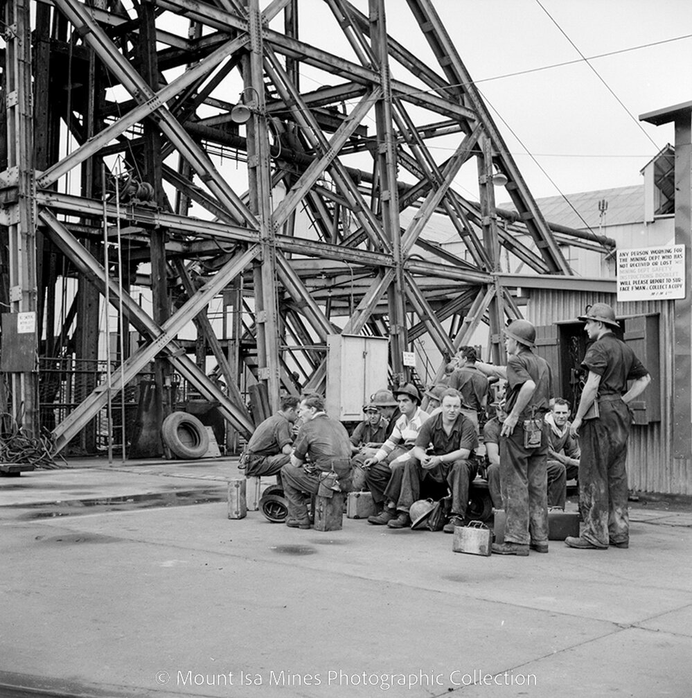 Workers waiting for Man and Supply cage, Mount Isa Mines, January 1959