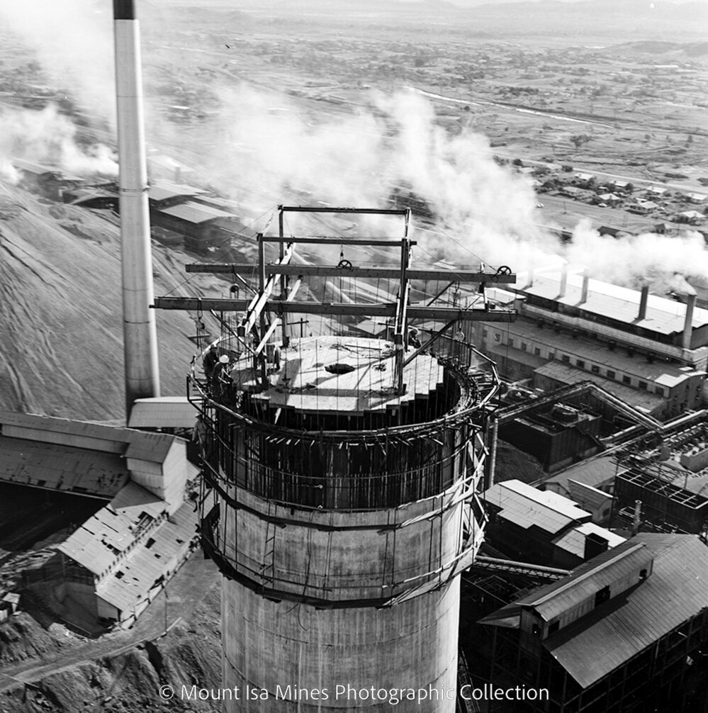 New Copper Stack under construction, Mount Isa Mines, October 1959