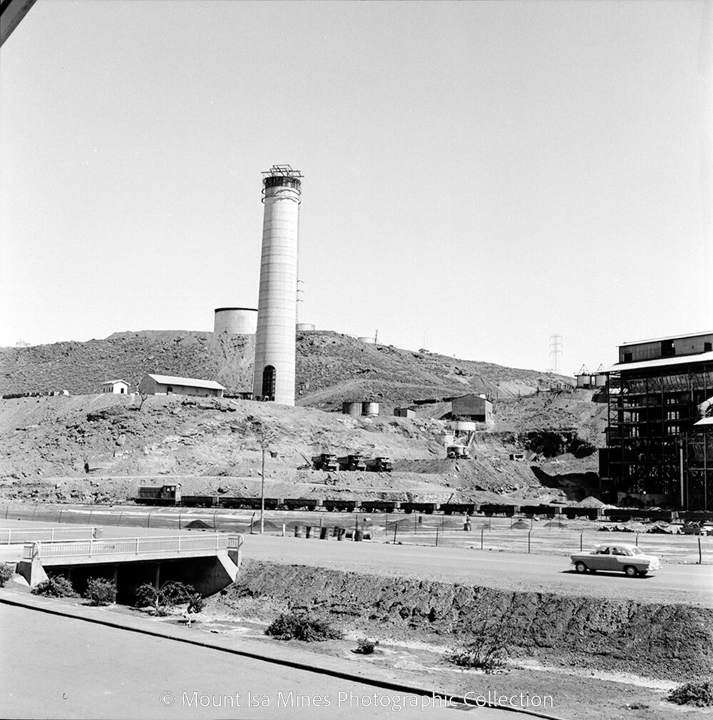 New Copper Stack under construction, Mount Isa Mines, October 1959