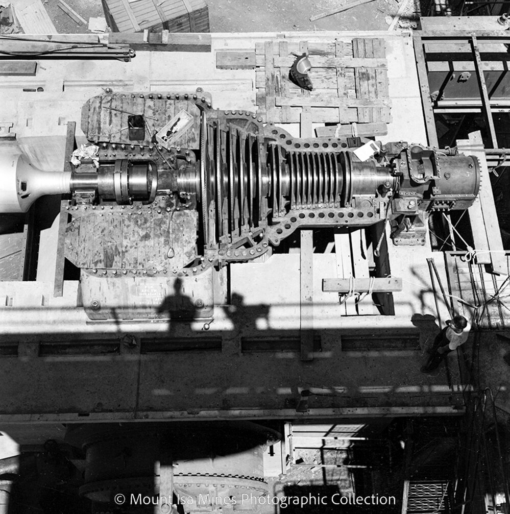Assembling turbine and alternator, Mica Creek Power Station, November 1959