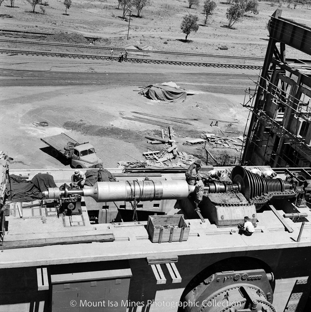 Assembling turbine and alternator, Mica Creek Power Station, November 1959