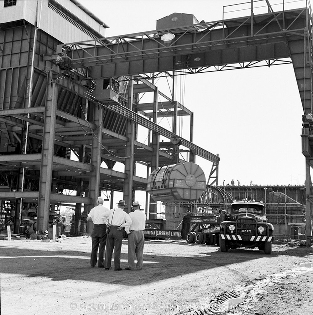 Lifting stator into position, Mica Creek Power Station, February 1959