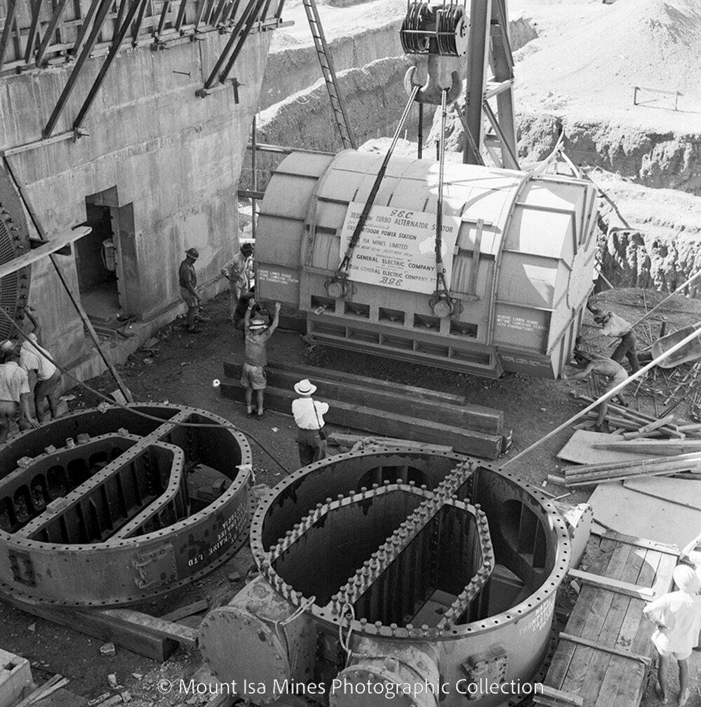 Lifting stator into position, Mica Creek Power Station, February 1959